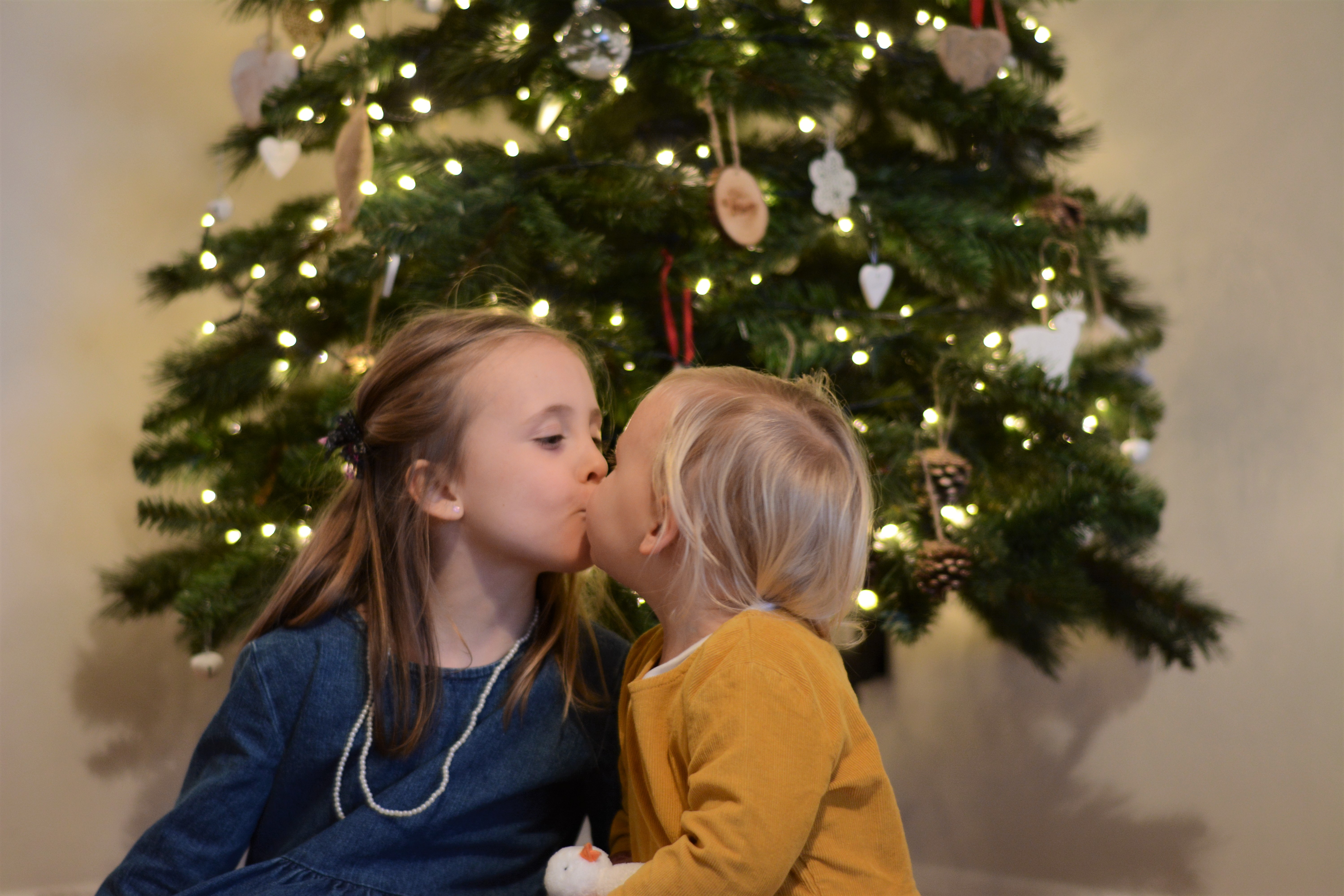 Sisters, siblings Decemberkissing in front of the christmas tree