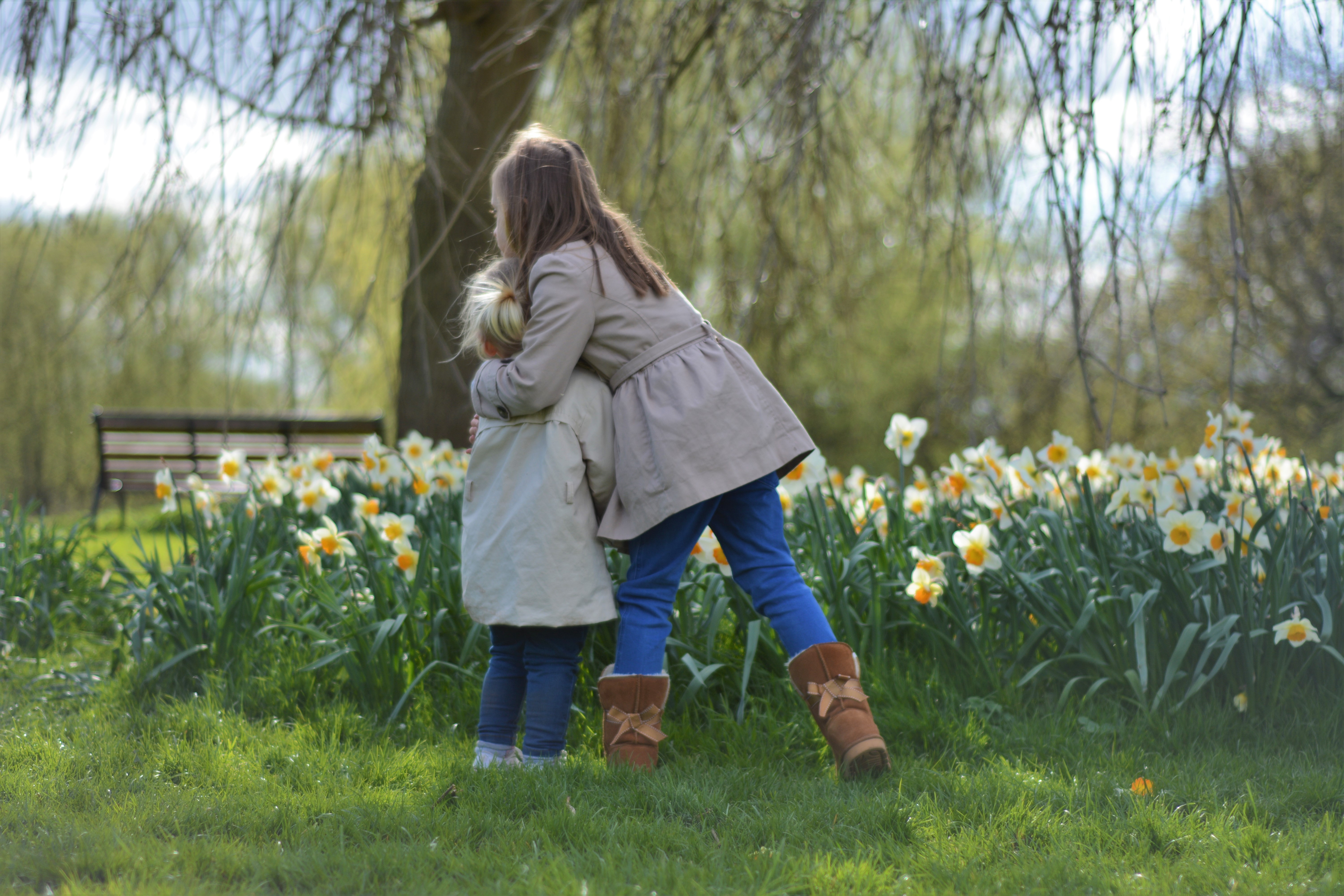 Siblings sisters April in Daffodils